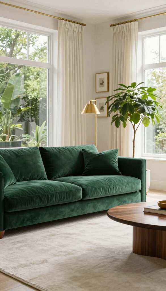 Bright living room with an emerald green velvet sofa, cream curtains and rug, brass lamp and frames, and walnut wood accents in natural light