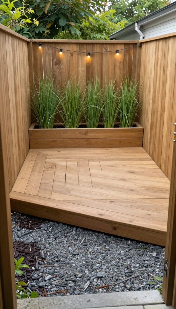 Small floating wooden deck built into a fenced backyard corner with gravel edging, a slim planter, and hanging lights, leaving the lawn center open and airy.