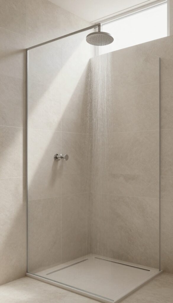 Bright open walk-in shower with no door, covered in large format tiles with minimal grout lines and soft natural light