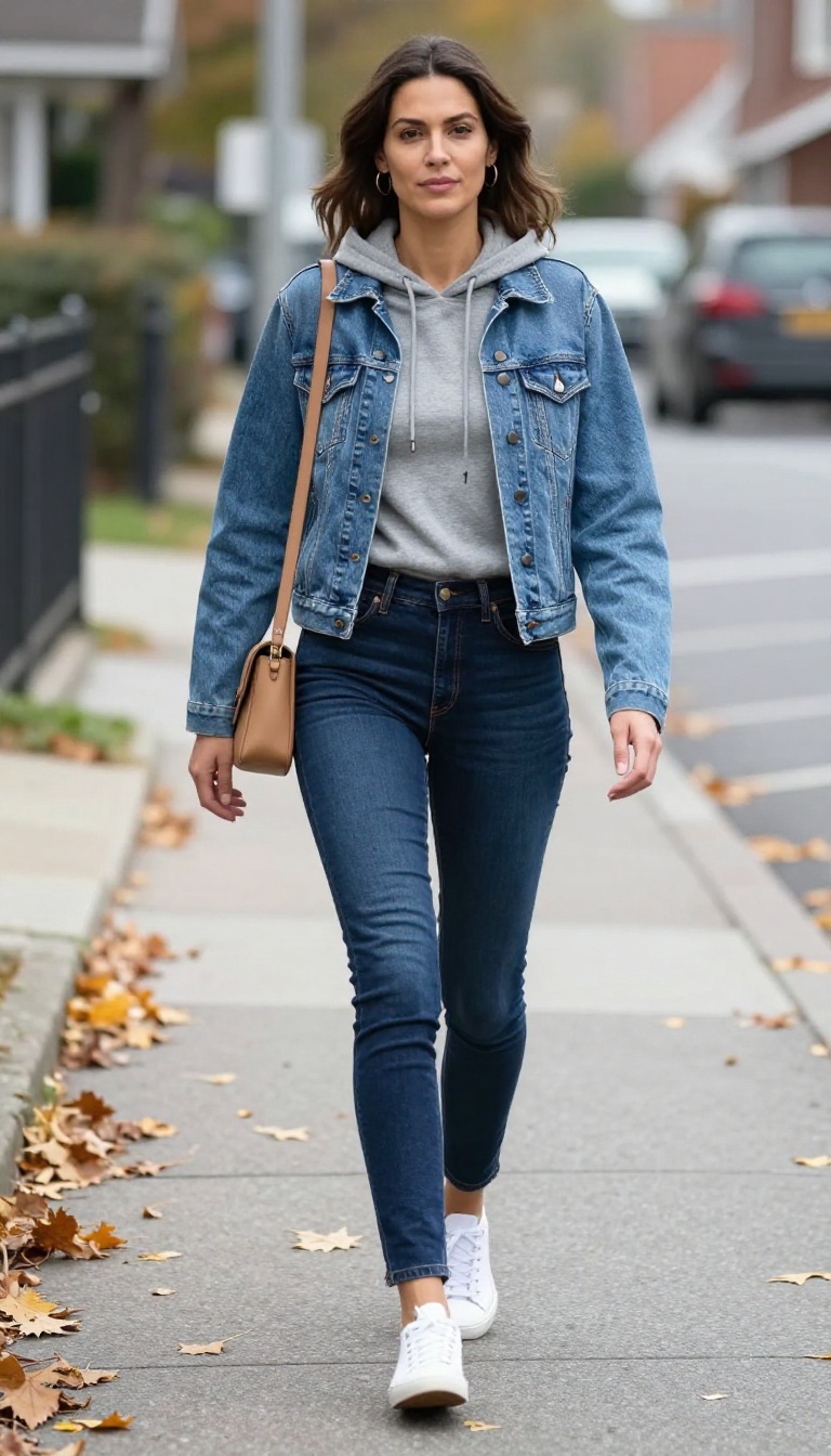 2. Denim Jacket Over a Hoodie and Skinny DTI Jeans