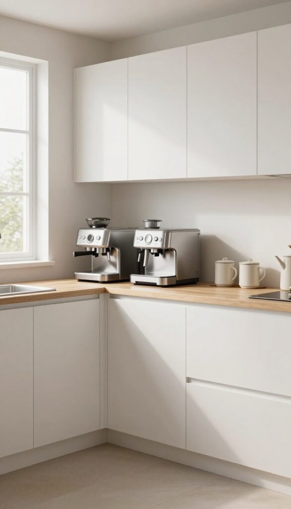 Modern small kitchen corner with a built-in appliance station holding an espresso machine and air fryer on a pull-out tray, with mugs and matching canisters nearby in bright natural light.