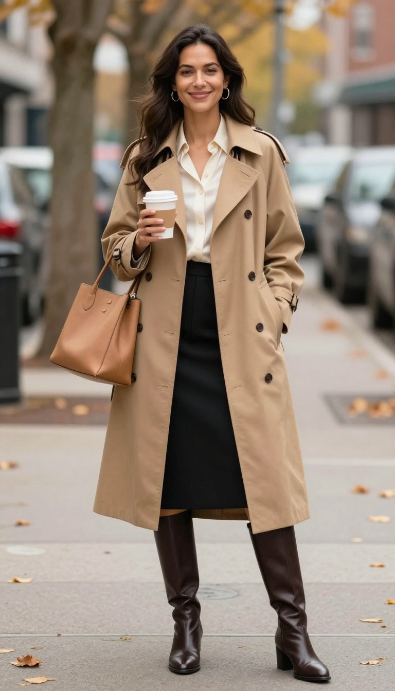 6. Midi Skirt with a Belted Trench Coat and Knee-High Boots