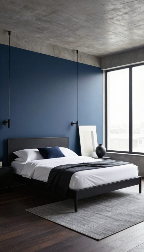 7. Black and Blue Industrial Style Bedroom idea