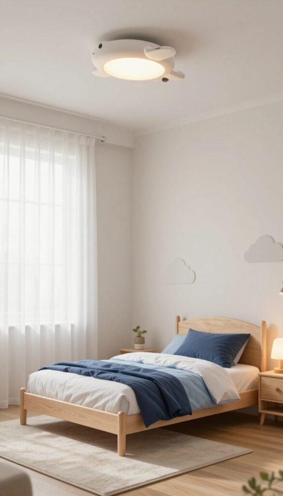 Bright toddler boy's bedroom with a playful airplane-themed ceiling light, cozy bed with blue bedding, and a soft warm bedside lamp in natural daylight.