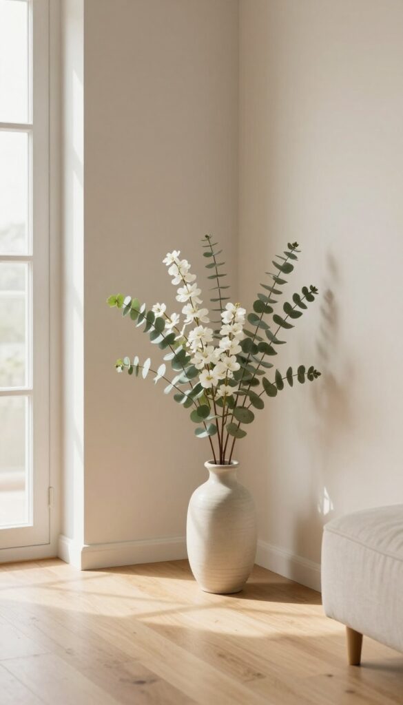 Tall floor vase with long-stem greenery and white flowers filling a bright living room corner beside a low armchair