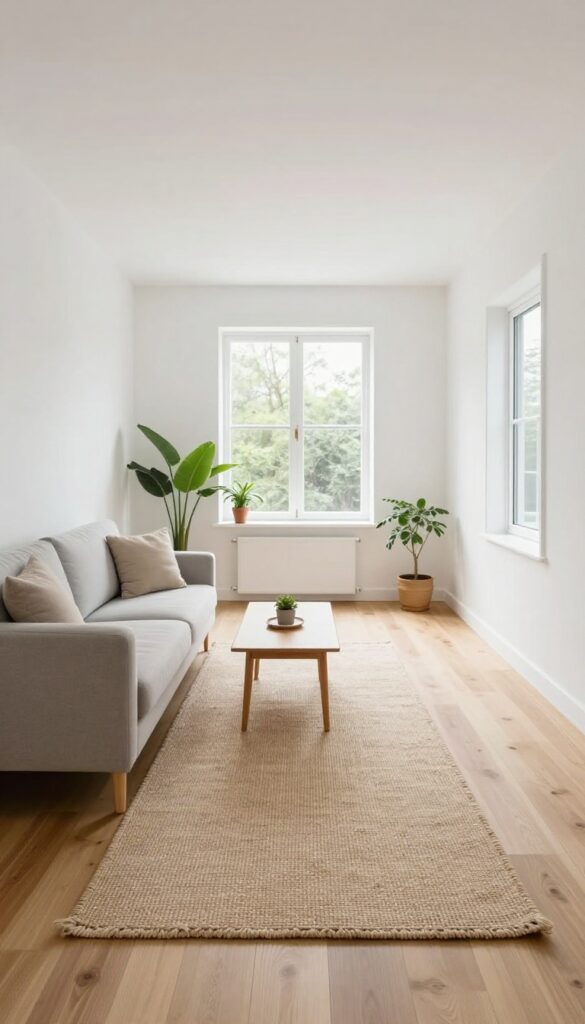 Bright small living room with a clear open walking path from the doorway, low-profile sofa and coffee table placed to the sides, and a jute runner rug guiding movement through the space