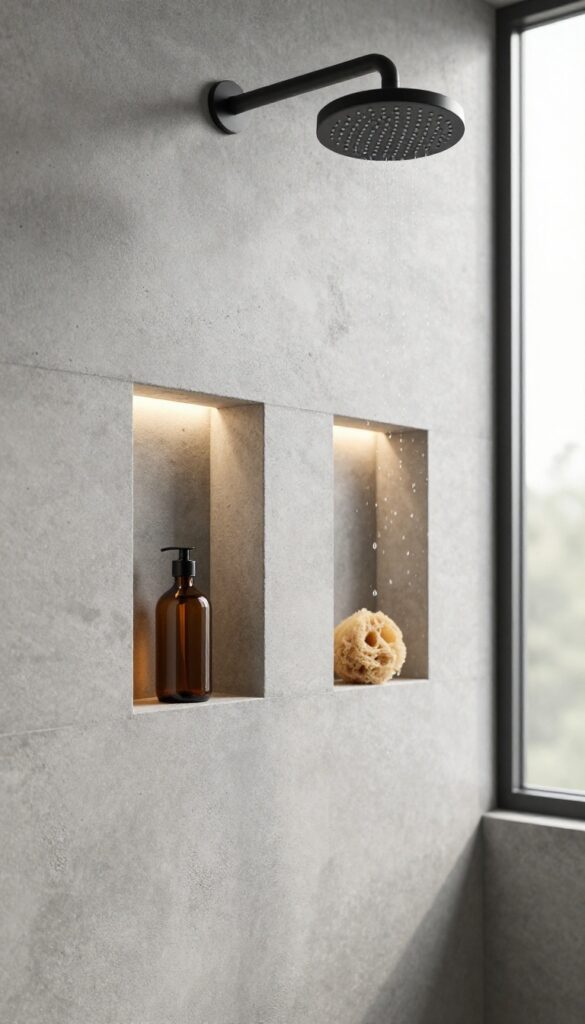 Modern concrete shower with two softly lit built-in wall niches holding a bottle and loofah, matte black rainfall showerhead, and bright natural light on raw grey concrete.