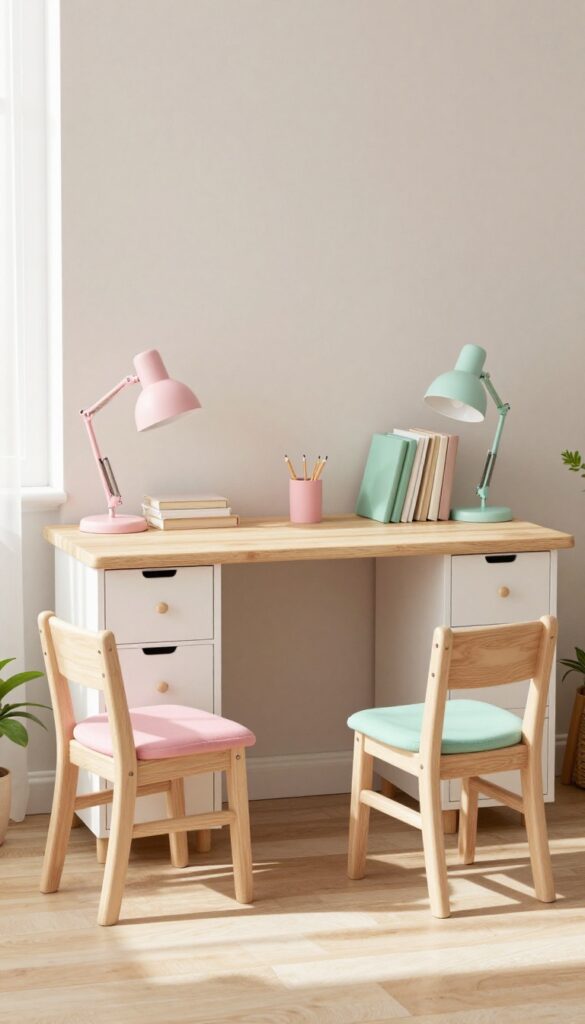 Bright shared bedroom for two sisters with one long countertop desk divided into two personal homework zones, each with its own lamp, drawers, and color-coded accessories.