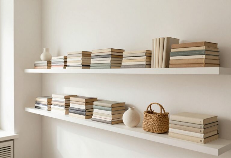 Styled living room shelf with intentionally spaced books, a ceramic vase, and sculptural decor in bright natural light