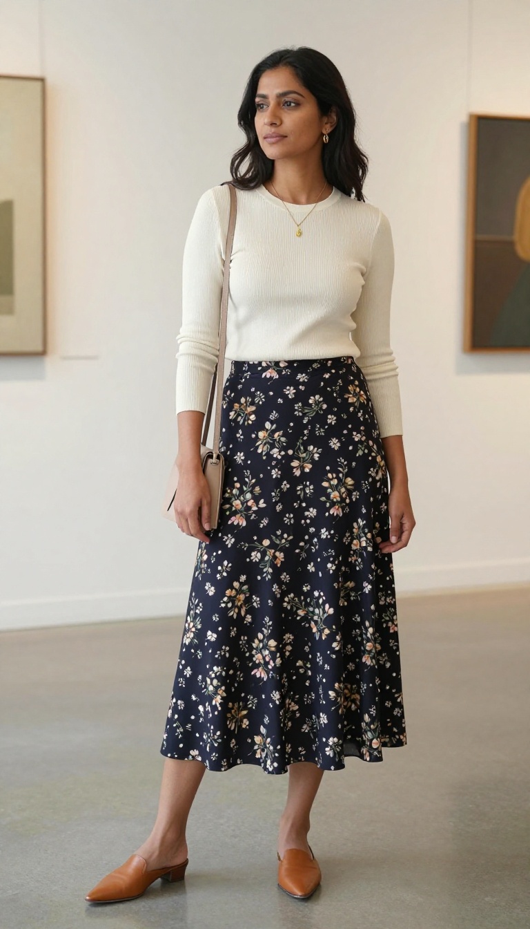 7. Printed Maxi Skirt with a Solid Knit Top and Mules