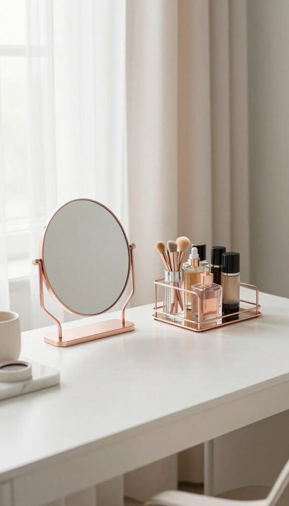 A bright bedroom vanity with a rose gold framed mirror, rose gold desk lamp, and rose gold trays holding perfume and cosmetics on a small white desk.