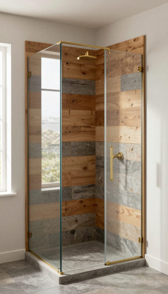 Rustic walk-in shower featuring a warm reclaimed wood accent wall paired with neutral slate tile and bright natural light
