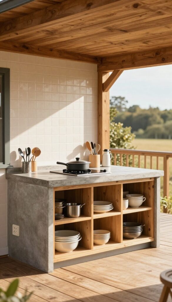A compact outdoor kitchenette under a wooden deck with a concrete counter, small cooktop, open shelving, and tiled backsplash in bright natural light.