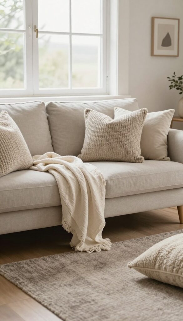 Cozy cottage living room with layered neutral textiles including a cream linen throw, oatmeal knit pillow, cotton cushions, and a soft taupe rug in bright natural light