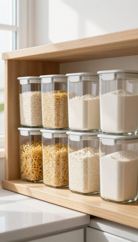 Matching clear glass pantry containers with blank minimalist labels arranged neatly on an open kitchen shelf in bright natural light