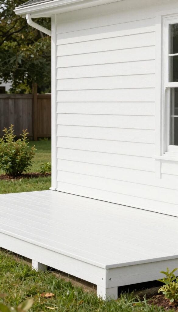 Low deck with crisp white vertical board and batten skirting in a bright narrow backyard