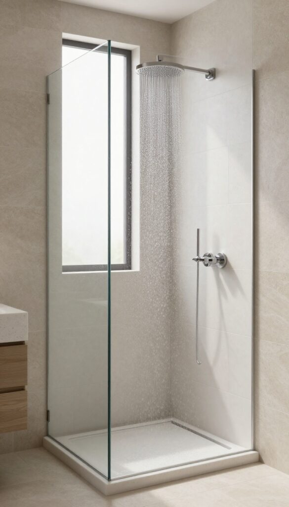 Modern bathroom shower with a tiled half wall topped by a quartz cap and a glass panel above, illuminated by bright natural light.