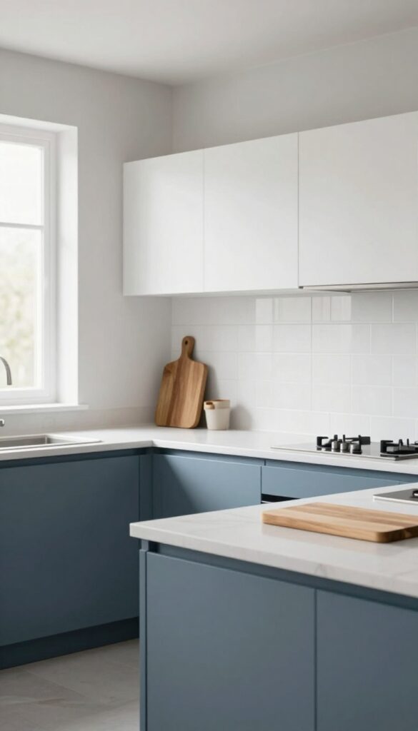 Modern kitchen with muted blue lower cabinets, light grey walls, white upper cabinets, and white countertops in bright natural light.