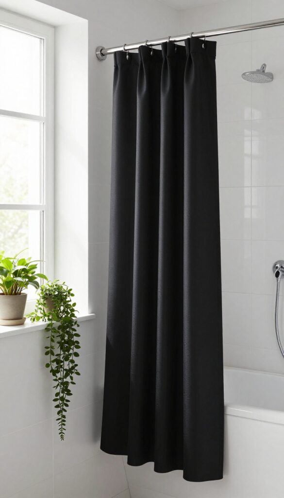 Bright modern bathroom with a solid black shower curtain contrasted by small potted plants and hanging greenery in neutral pots, lit by soft natural light.