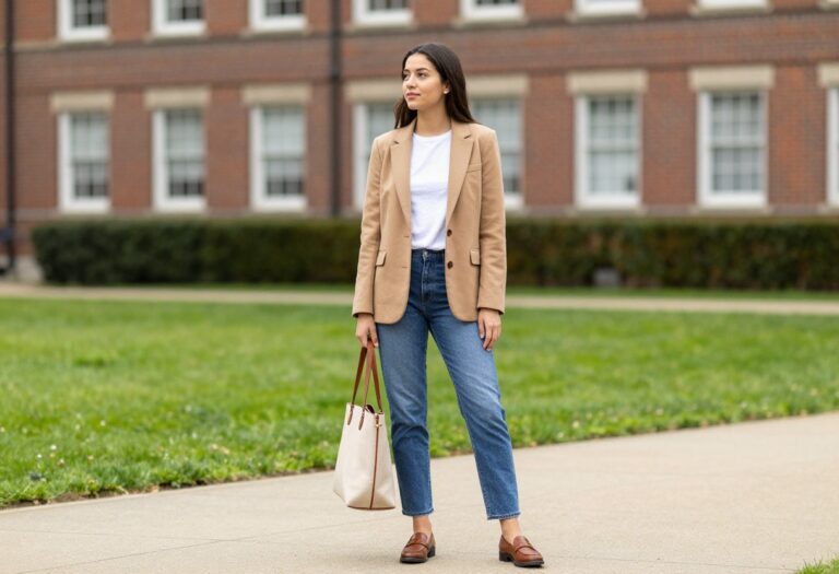 Young woman in camel blazer and jeans on university campus