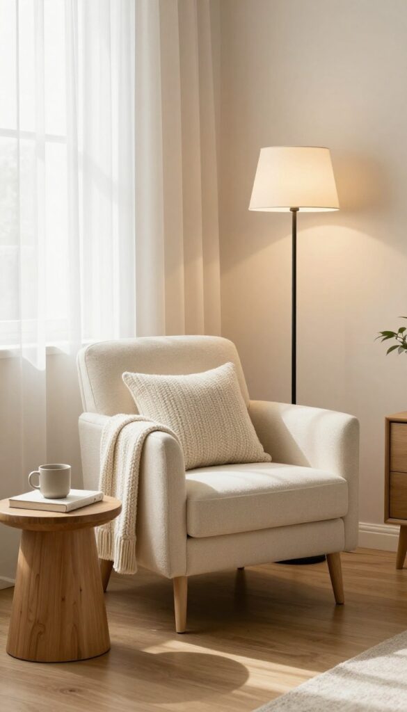 Cozy small living room corner with a bouclé accent chair, small wooden side table, floor lamp, chunky knit throw, and pillow beside a bright window in natural light.