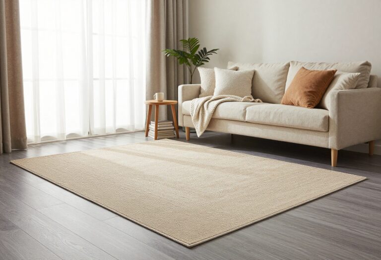 Cozy living room with grey flooring, layered warm neutral textiles, beige area rug, and soft natural light