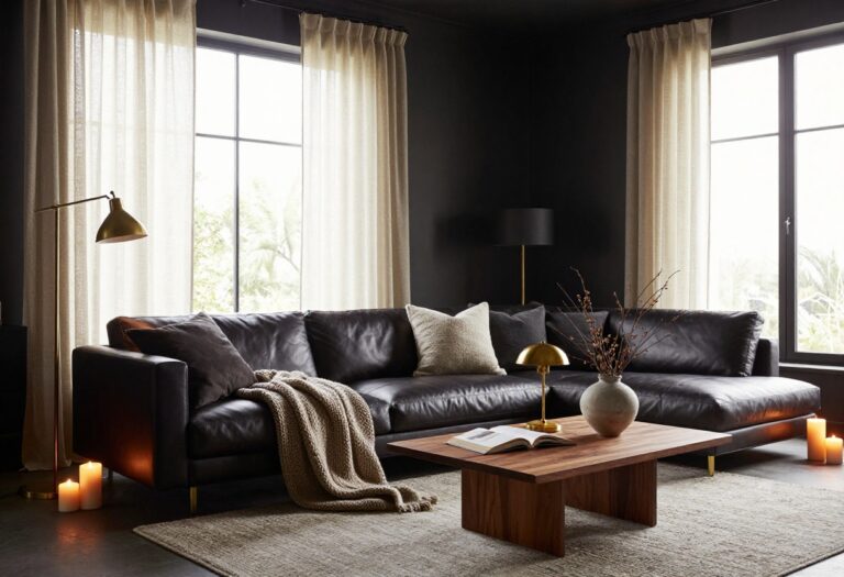 Moody living room with deep charcoal walls, dark leather sofa, warm layered lighting, and rich textured decor
