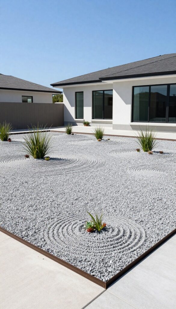 Modern front yard with a large light gray gravel bed bordered by metal edging, sparsely planted with ornamental grasses and succulents, under bright natural light.