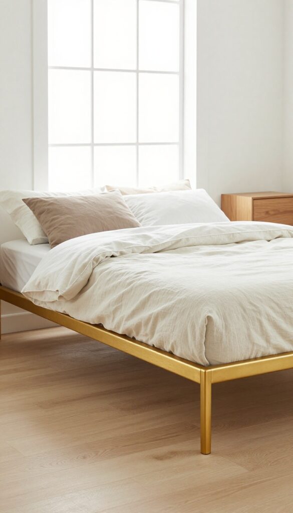 1. Minimalist Gold Frame With Neutral Bedding idea