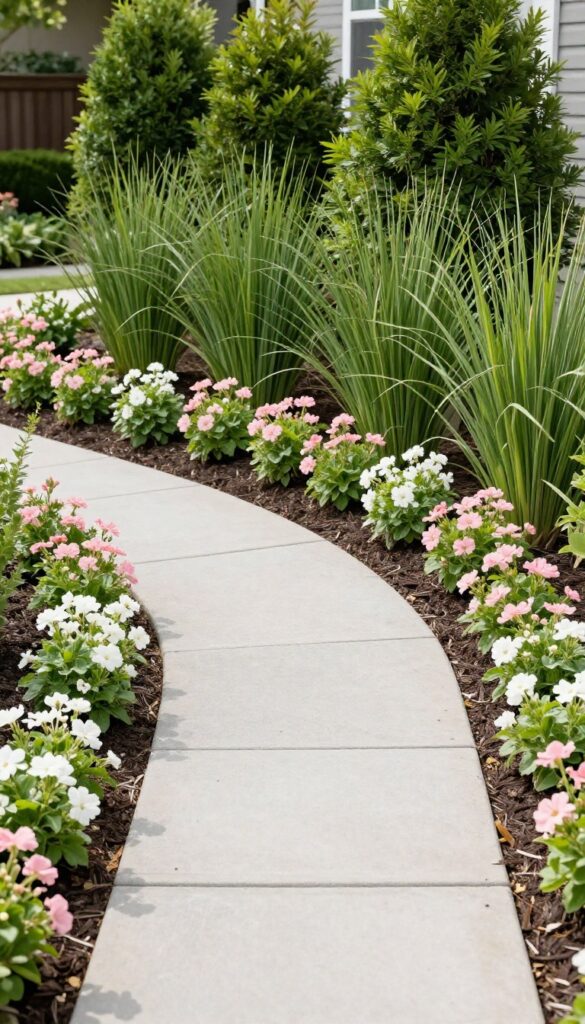 Layered front yard flower beds along a walkway with tall shrubs in back, medium perennials in the middle, and low border flowers in front, all over fresh mulch in bright natural light.