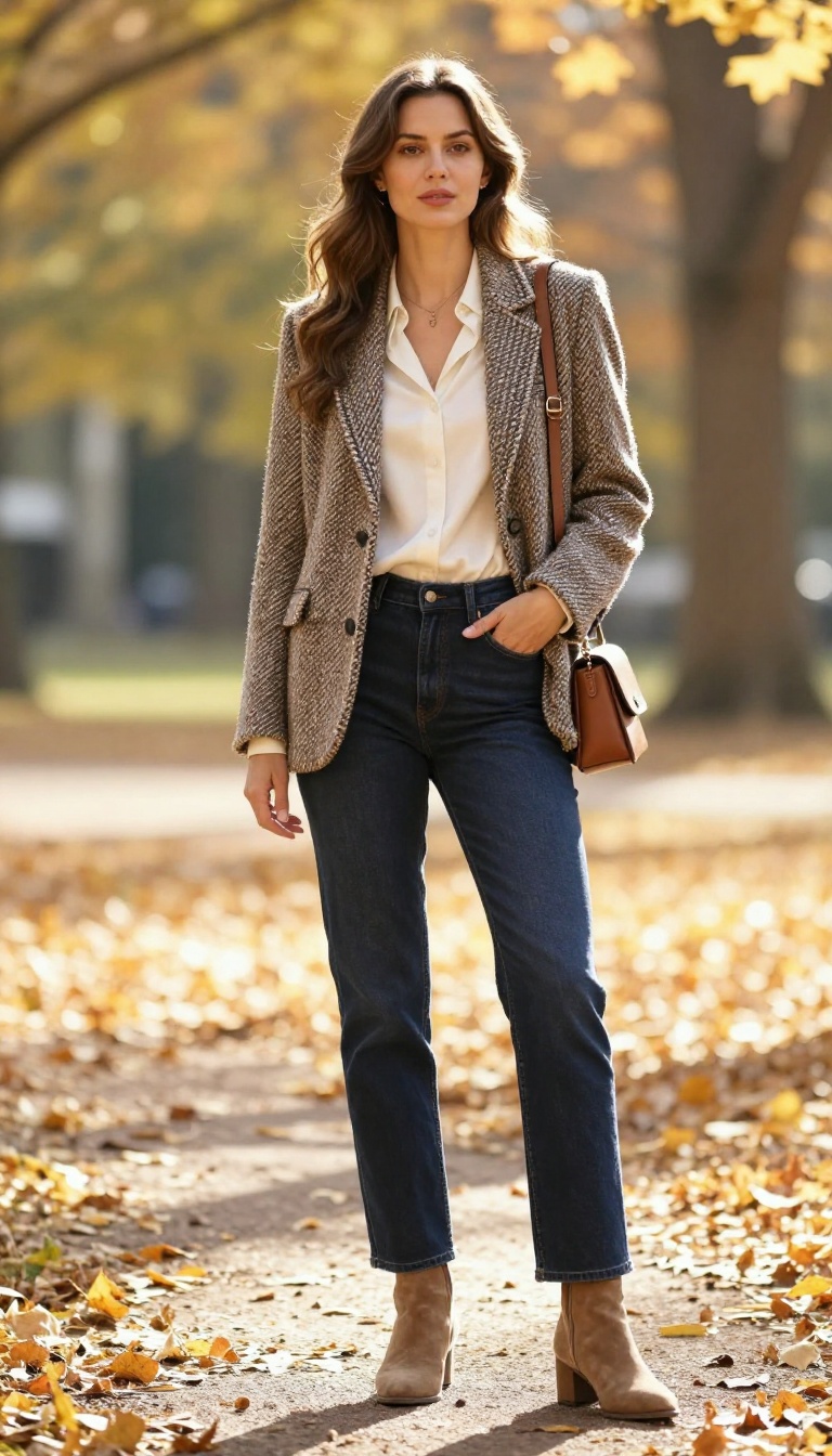 2. Tweed Blazer with Dark Denim