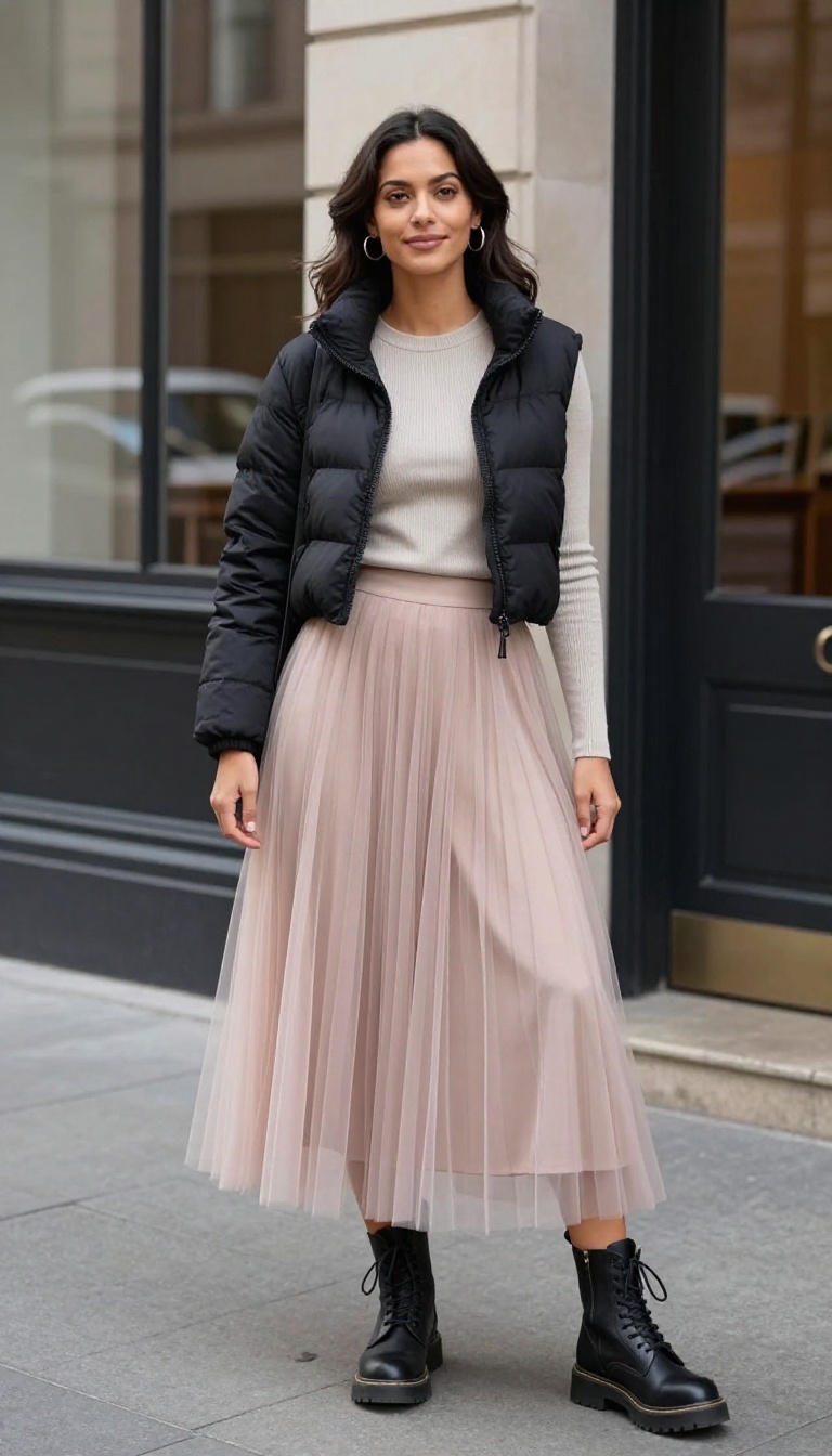 9. Tulle Maxi Skirt with a Cropped Puffer Jacket and Combat Boots