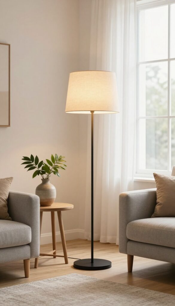 A tall black tripod floor lamp with a linen shade stands in a bright living room corner beside a low gray sofa, adding height and warm layered lighting to the cozy space.