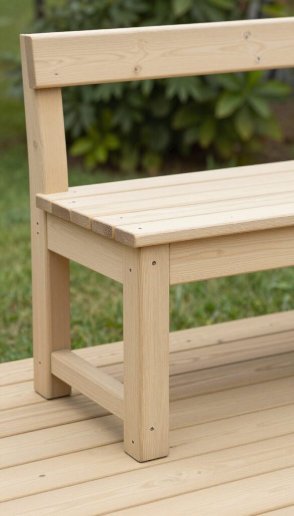 DIY built-in wooden bench seating attached to a backyard deck edge with neutral cushions in bright natural light