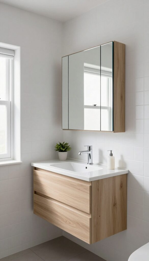Bright small bathroom with a frameless mirrored corner cabinet mounted diagonally above a compact white sink, using an otherwise empty corner for storage.