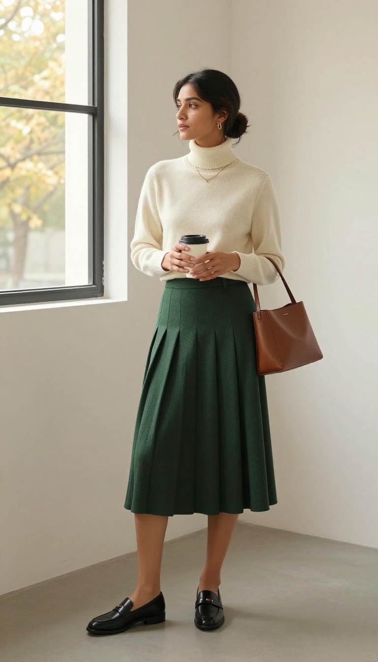 9. Turtleneck with a Midi Skirt and Loafers