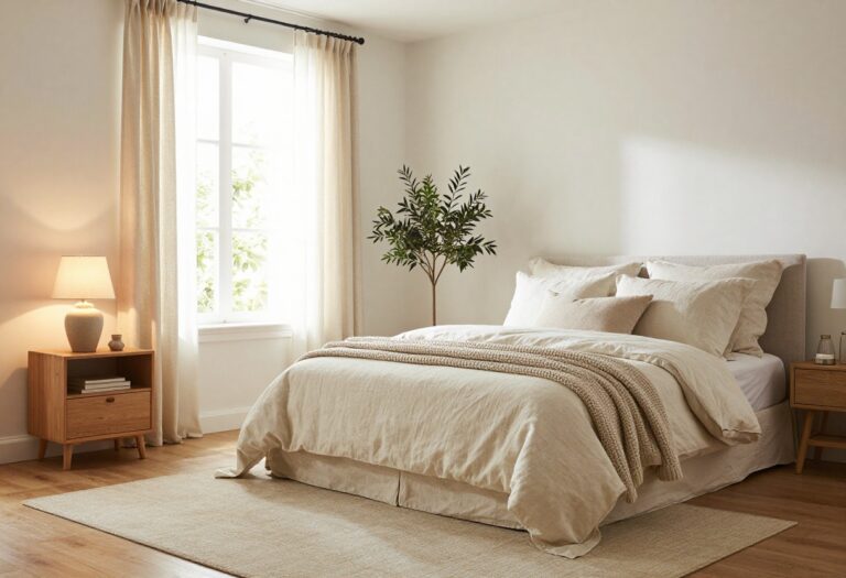 Cozy neutral bedroom with layered linen bedding, warm wood furniture, and soft lighting.