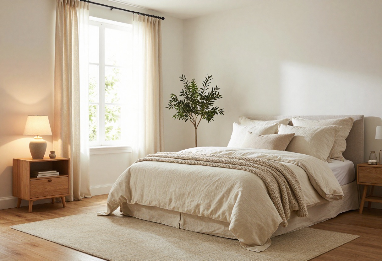 Cozy neutral bedroom with layered linen bedding, warm wood furniture, and soft lighting.
