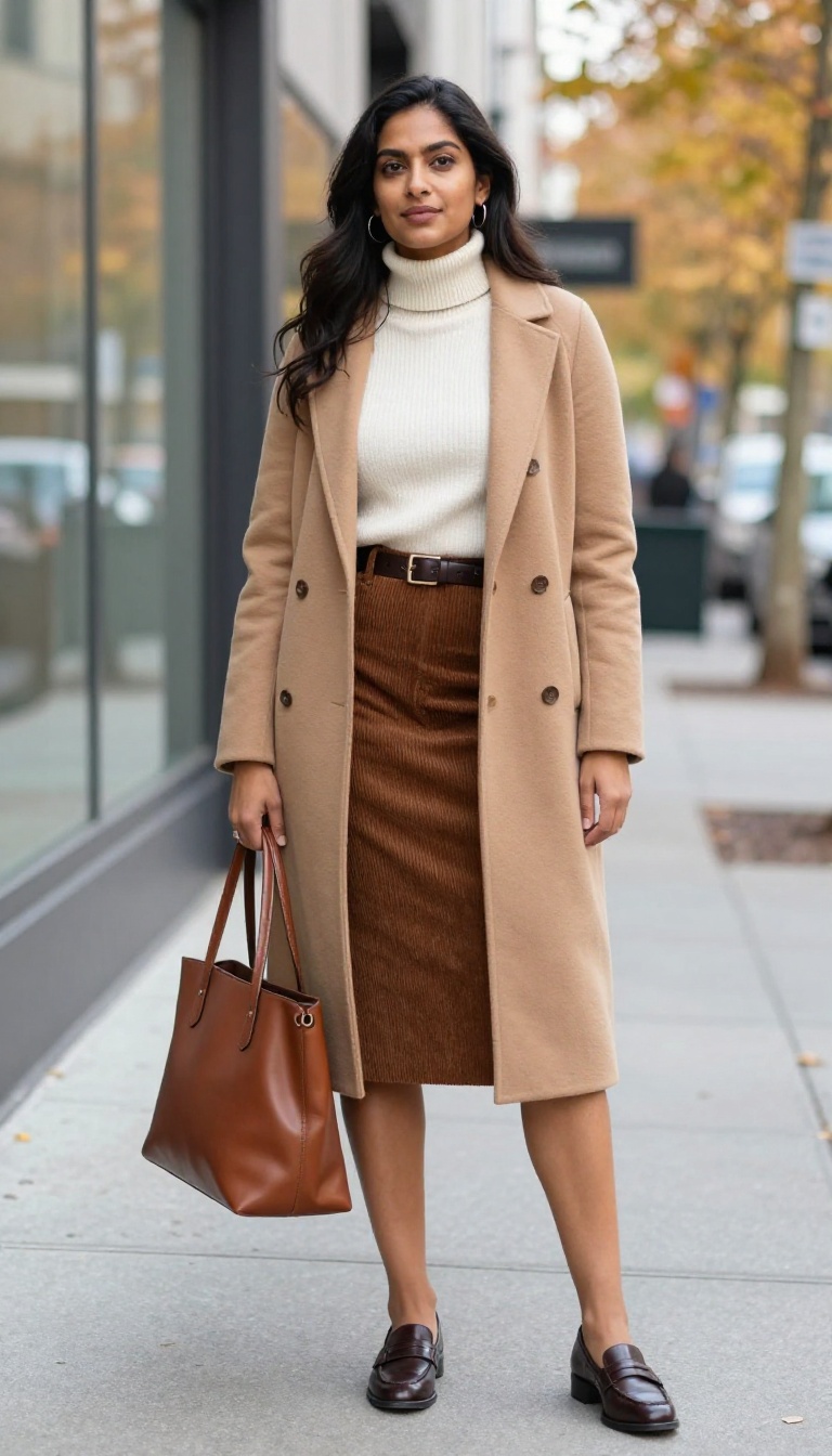 3. Camel Coat, Turtleneck, and Brown Corduroy Skirt for Polished Work Style