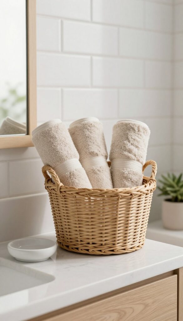 Rolled neutral hand towels standing upright in a woven basket on a bright bathroom counter