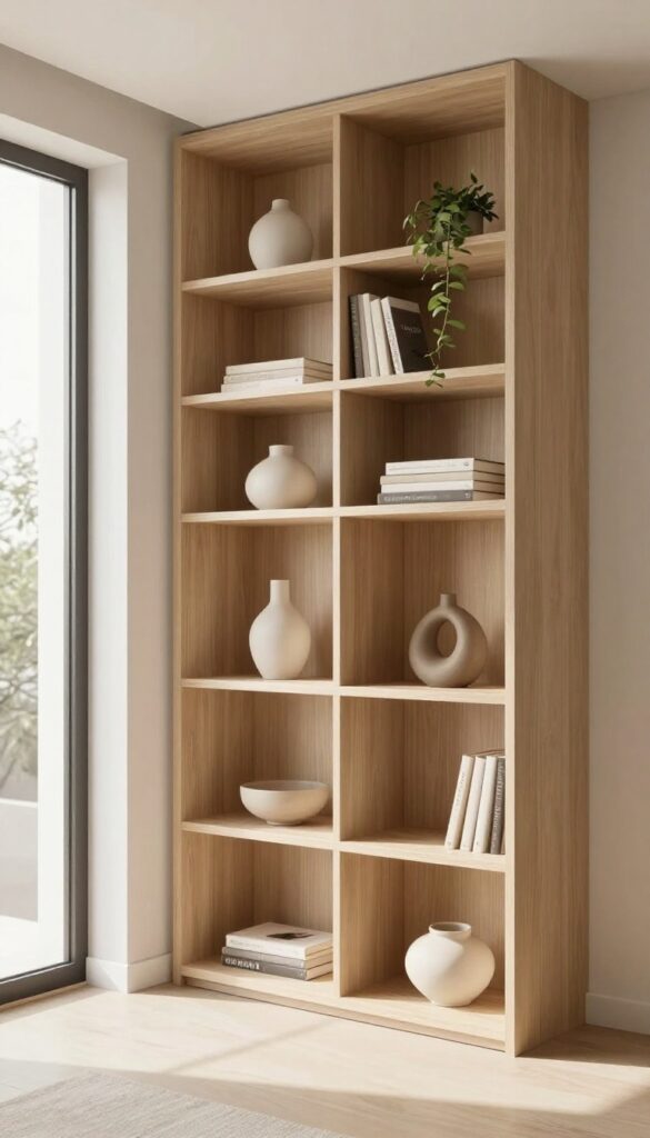 A bright living room bookcase styled with intentional empty spaces, featuring a few ceramic vases, books, and a plant on light wood shelves in soft natural light.