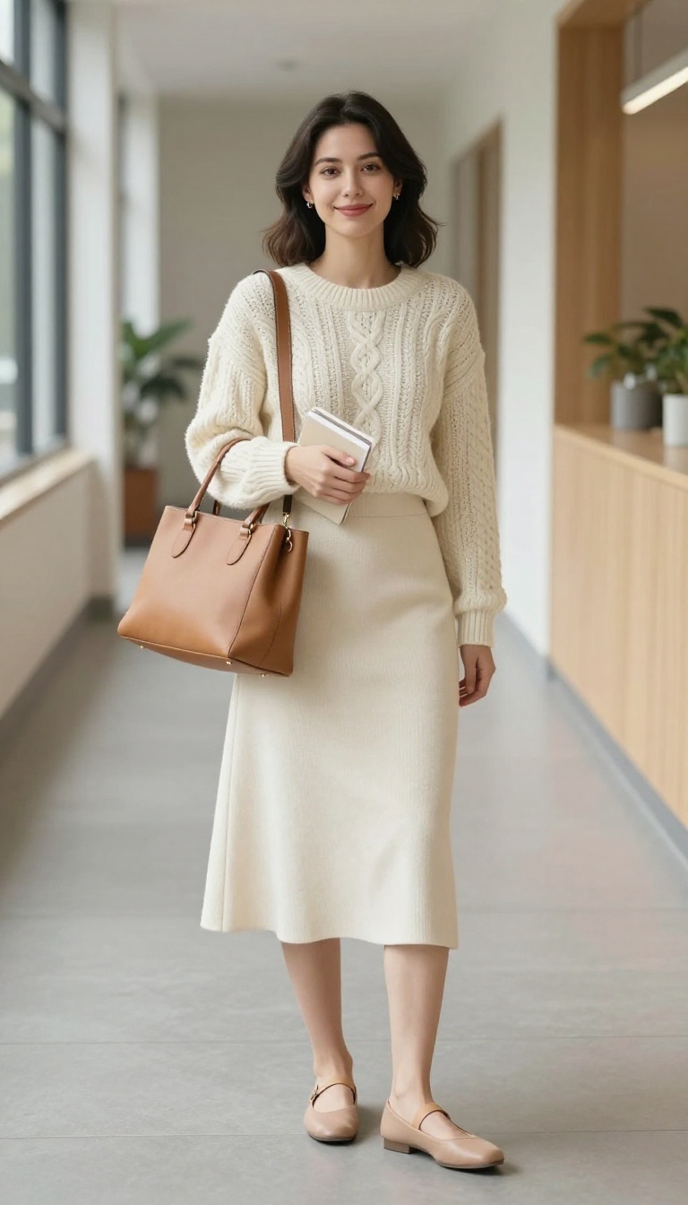 2. The Classic Cable Knit Sweater with A-Line Skirt