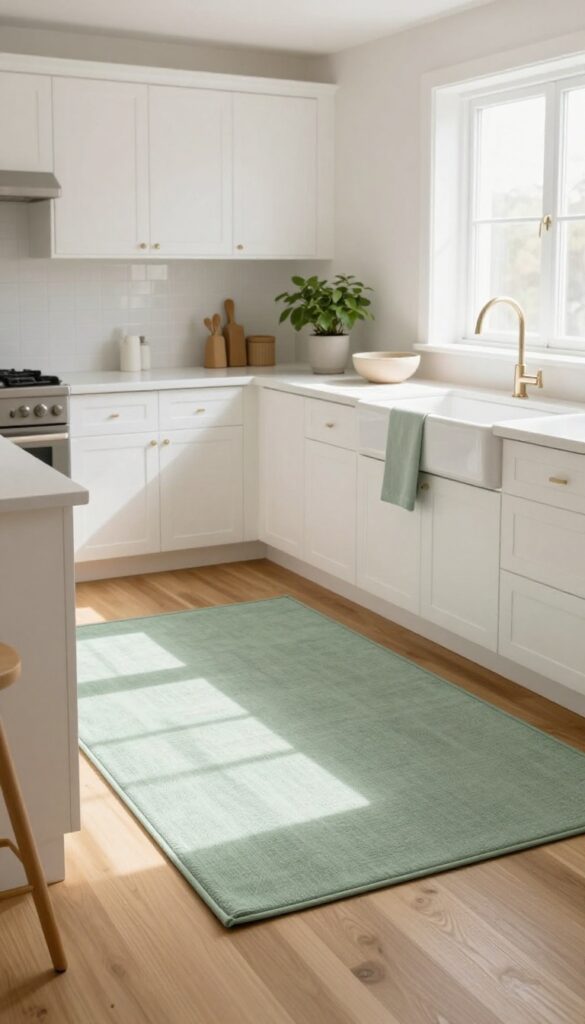 Bright white kitchen with a soft sage green area rug placed in front of the sink, paired with a matching sage dish towel and natural light.