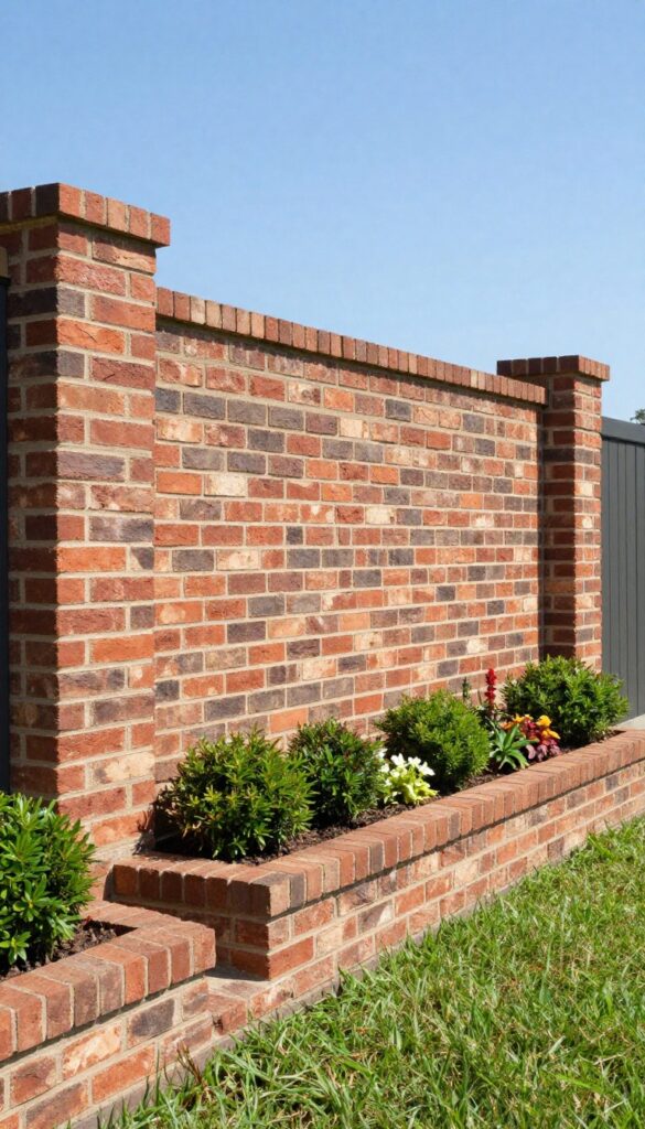 A bright front yard brick fence with built-in planters holding deep green shrubs and small flowers between brick pillars.