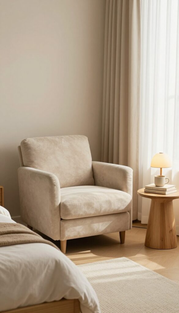 Cozy bedroom reading nook with a soft accent chair, side table with books, floor lamp, and small rug in bright natural light