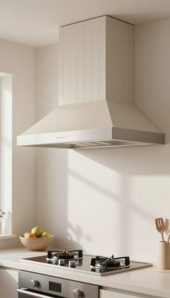 Slim vertical panel range hood cover in a bright small kitchen with thin wood strips painted soft neutral white above a stove