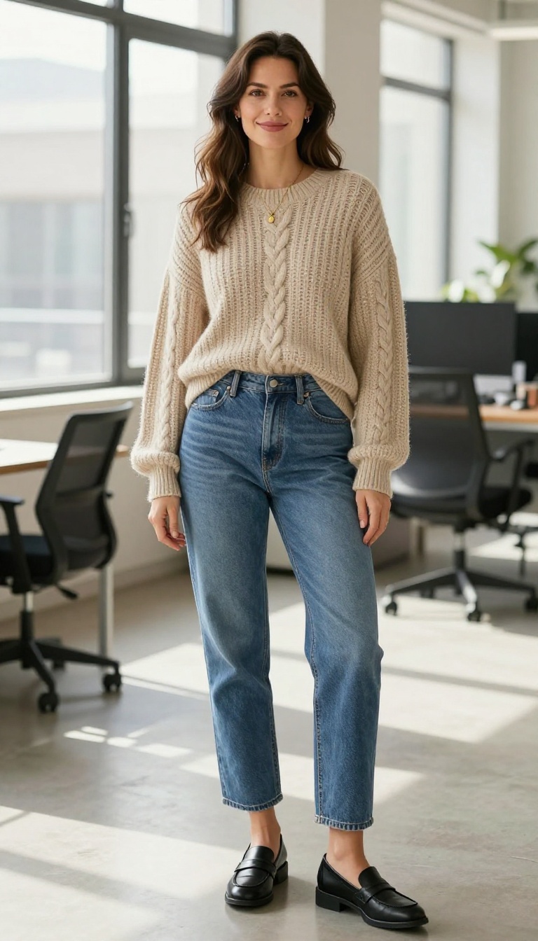 8. Mom Jeans + Cable-Knit Sweater + Loafers