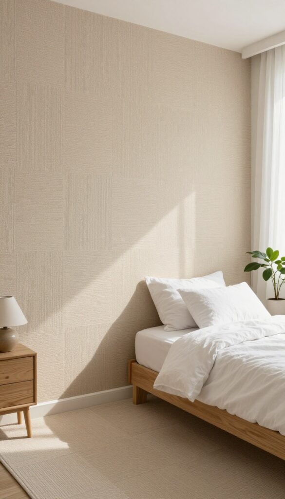 Cozy bright bedroom with modular carpet tiles in soft neutral tones, wooden bed with white bedding, and natural light through sheer curtains
