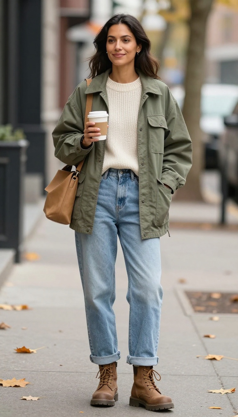 1. Olive Green Utility Jacket with Light Wash Baggy Jeans