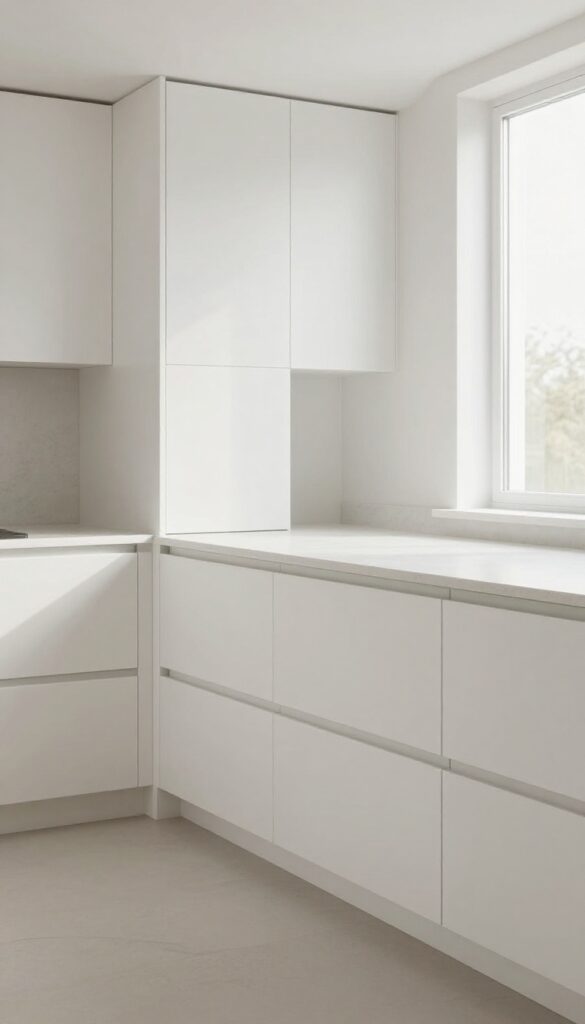 Sleek minimalist kitchen with handleless matte white cabinets featuring hidden edge pulls along drawer and cabinet edges in bright natural light
